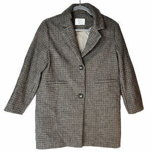 Zara Coat Kids 11-12 Brown Houndstooth Wool Blend Plaid Tweed Single Breasted